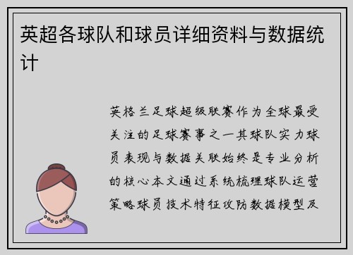 英超各球队和球员详细资料与数据统计